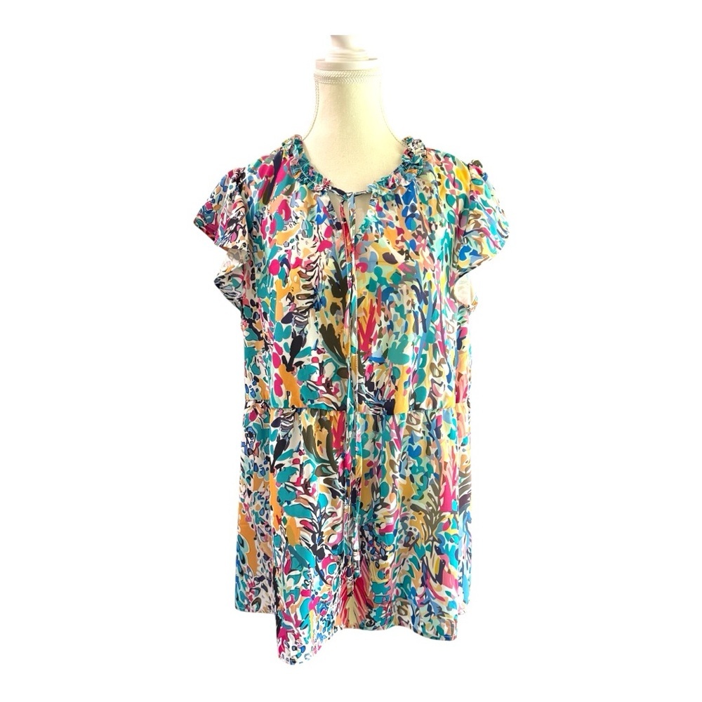 Colorful Tiered Short Sleeve Blouse - XL